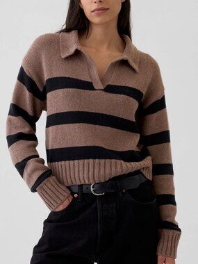 Gap Brown Stripe Cotton V-Neck Polo Sweater Size L Petite